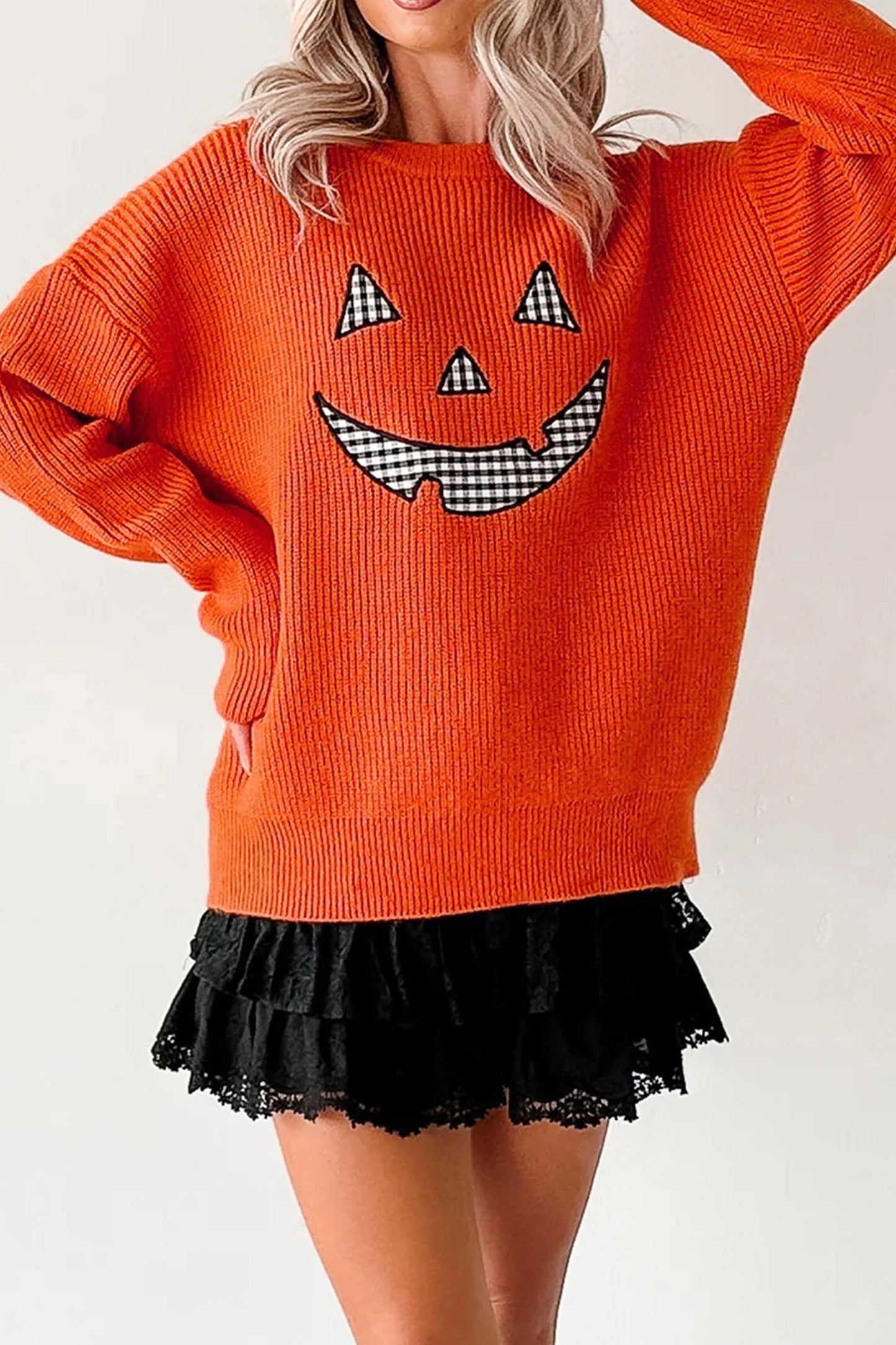 Orange Drop Shoulder Long Sleeve Round Neck Halloween Sweater