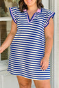 Dark Blue Striped Shift Dress Colorblock V Neck Short Sleeve Casual Summer
