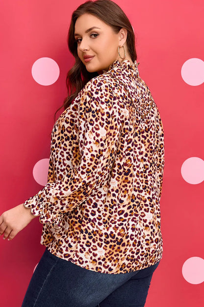 Brown Plus Size Leopard Frilled Stand Neck Blouse - Sweet Fashion Wholesale