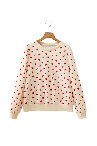 Beige Heart Print Round Neck Long Sleeve Regular Fit Sweatshirt