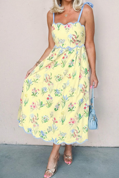 Pink Floral Print Contrast Trim Self-tie Straps High Waist Midi Dress