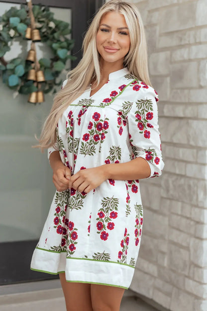 White Frilled V Neck 3/4 Sleeve Loose Floral Dress - Sweet Fashion Wholesale