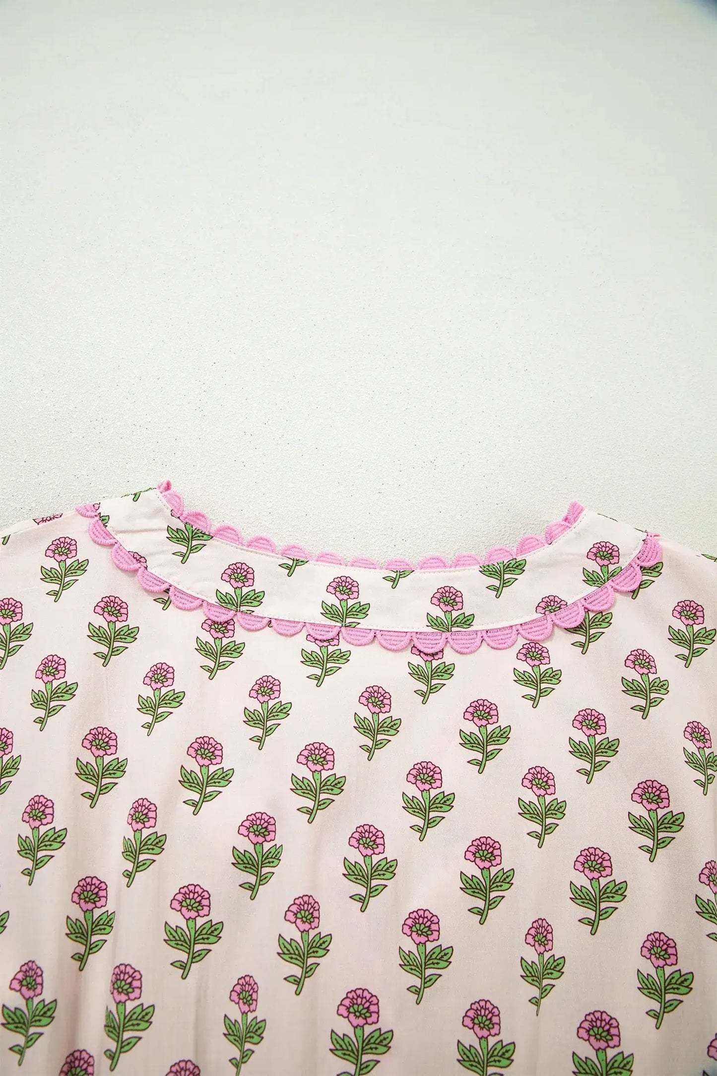 Pink Floral Print V Neck Scallop Trim Button Front Short Sleeve Long Dress