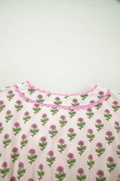 Pink Floral Print V Neck Scallop Trim Button Front Short Sleeve Long Dress