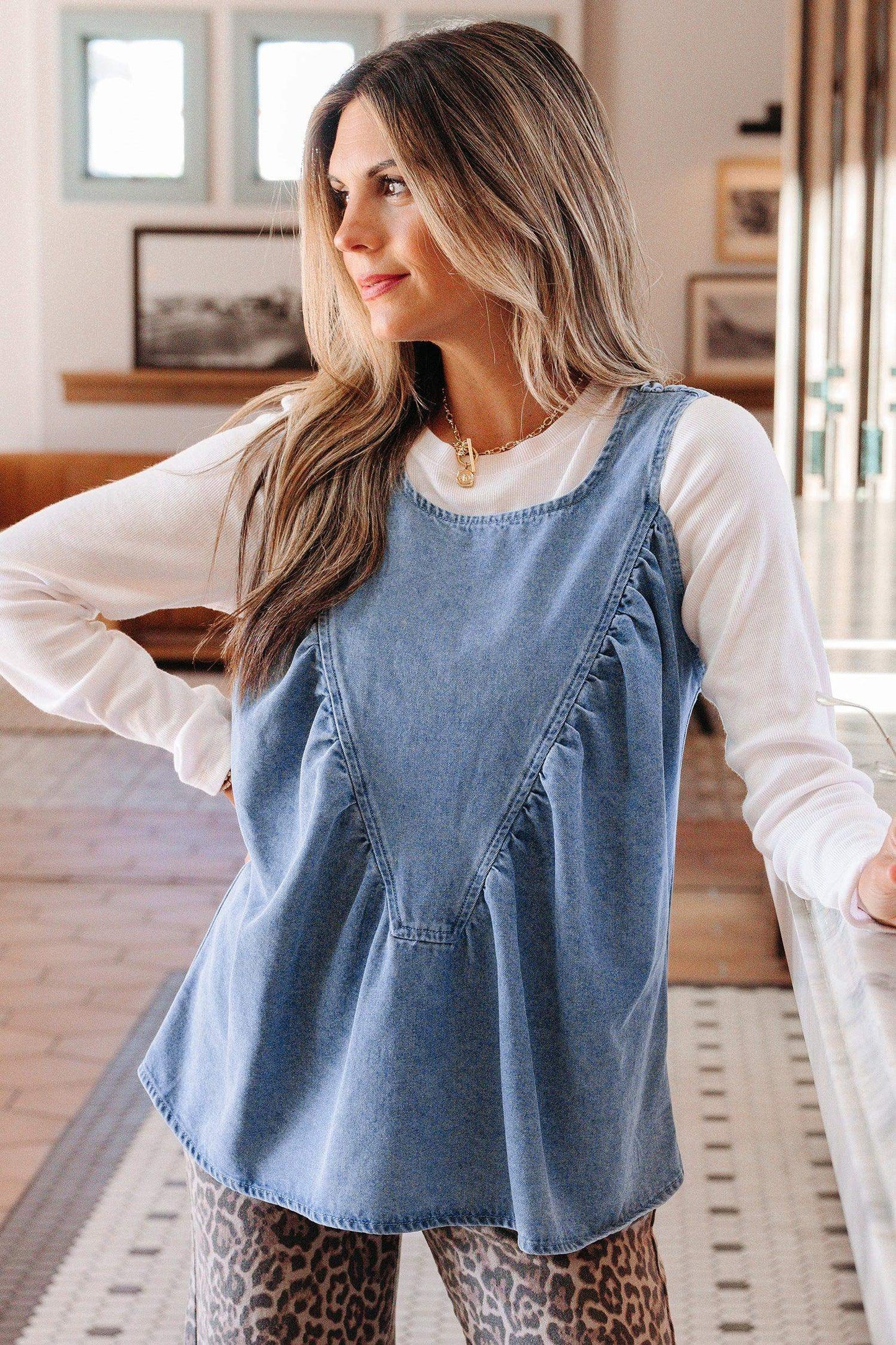 Myosotis Denim Pleated Patchwork Sleeveless Top - Sweet Fashion Wholesale