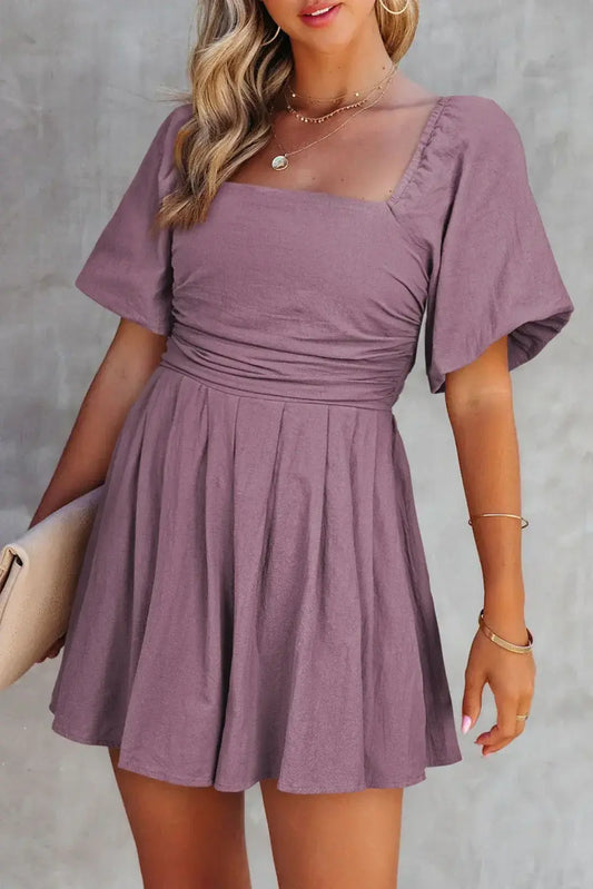 Valerian Square Neck Ruched Puff Sleeve Romper - Sweet Fashion Wholesale