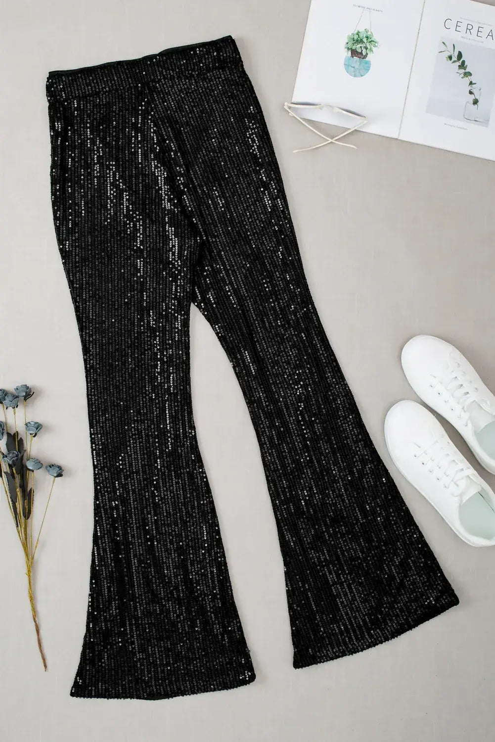 Black Sequin Wide Leg Pants - Sweet Fashion Wholesale