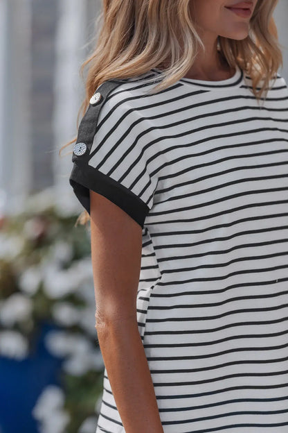 Black Stripe Cuffed Sleeve Button Detail Loose Tee - Sweet Fashion Wholesale