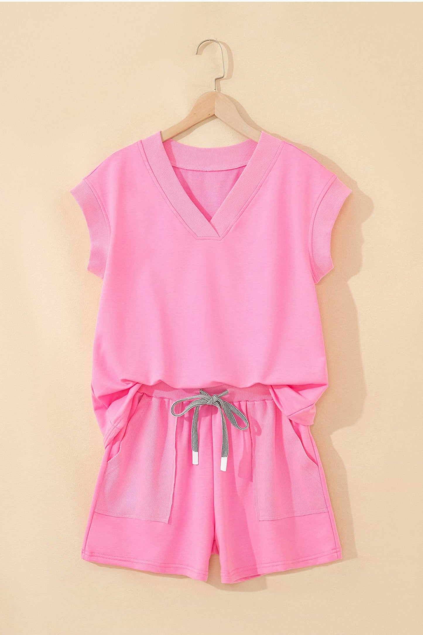 Sachet Pink V Neck Short Sleeve Top Drawstring Shorts 2pcs Set