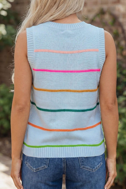 Sky Blue Stripe Round Neck Knitted Sweater Tank