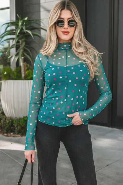 Green Polka Dot Patterned Bodycon Mock Neck Mesh Long Sleeve Top - Sweet Fashion Wholesale