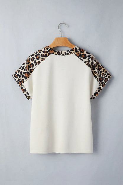 Beige Leopard Patchwork Half Button Short Sleeve Top - Sweet Fashion Wholesale