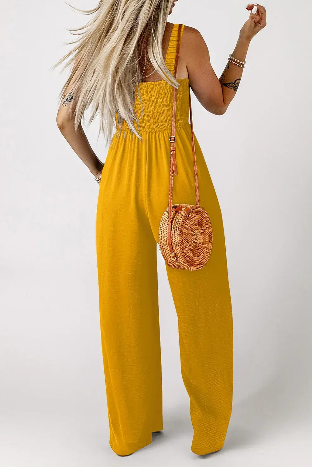 Ginger Smocked Sleeveless Wide Leg Jumpsuit with Pockets - Sweet Fashion Wholesale