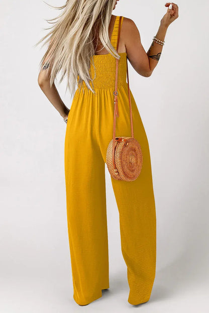 Ginger Smocked Sleeveless Wide Leg Jumpsuit with Pockets - Sweet Fashion Wholesale