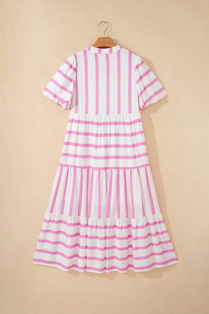 Pink Stripe Ricrac Trim Notched Neck Half Sleeve Vacation Dress