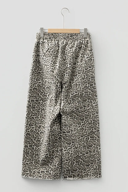 Brown Leopard Print Raw Hem Elastic Waist Loose Pull On Jeans - Sweet Fashion Wholesale