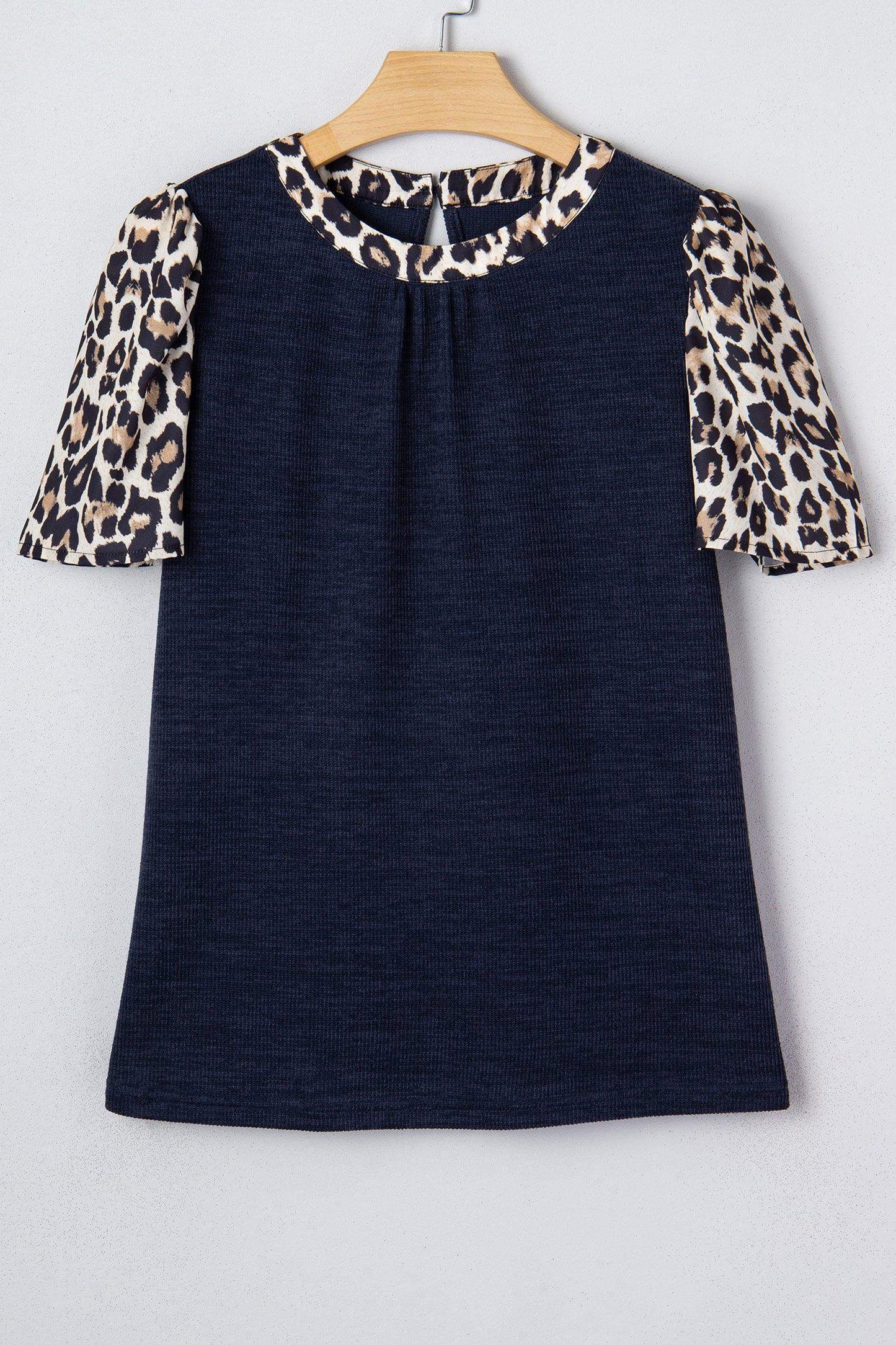 Navy Blue Ribbed Contrast Leopard Patchwork Short Sleeve Top - Sweet Fashion Wholesale