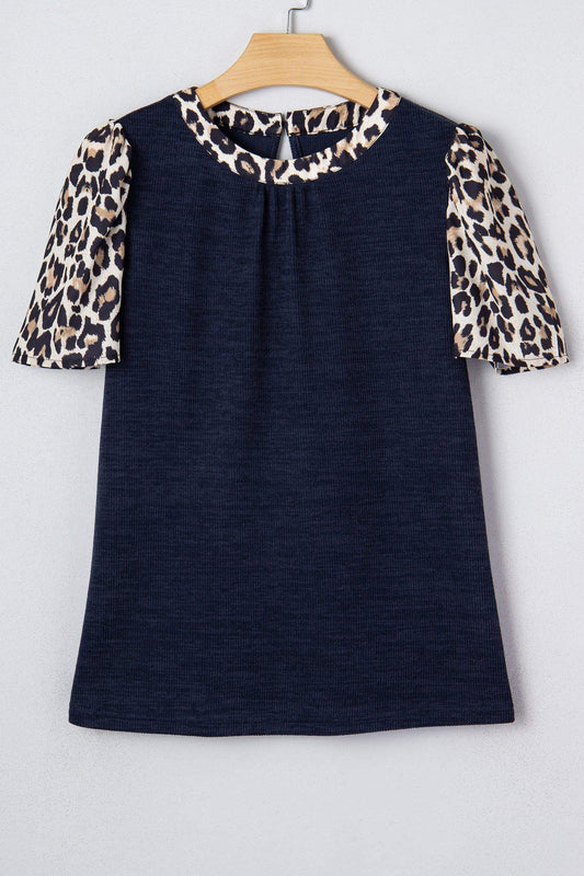 Navy Blue Ribbed Contrast Leopard Patchwork Short Sleeve Top - Sweet Fashion Wholesale