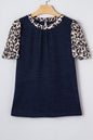 Navy Blue Ribbed Contrast Leopard Patchwork Short Sleeve Top - Sweet Fashion Wholesale