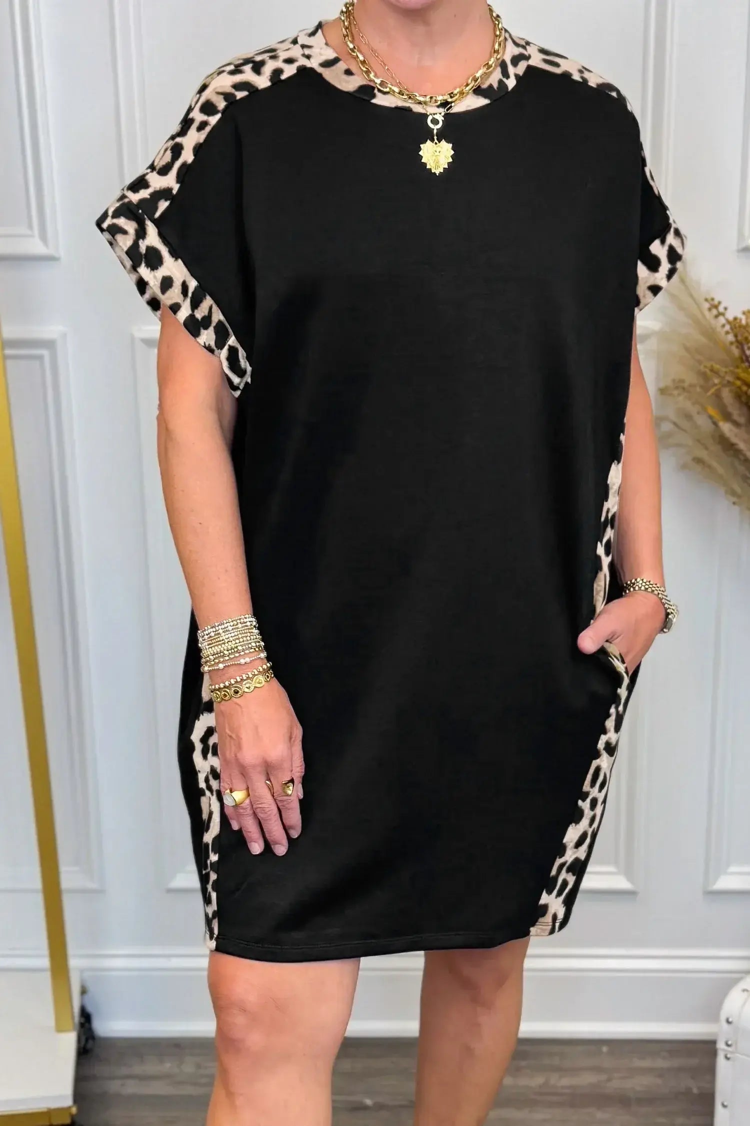 Black Plus Size Leopard Print Patchwork Shift T Shirt Dress with Pockets - Sweet Fashion Wholesale