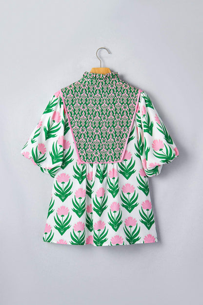 Multicolour Floral Print Puff Sleeve Contrast Bordered V Neck Blouse