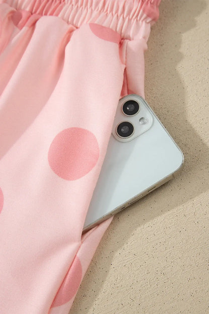 Pink Polka Dot Print Loose Tee Drawstring Elastic Waist Short Set - Sweet Fashion Wholesale