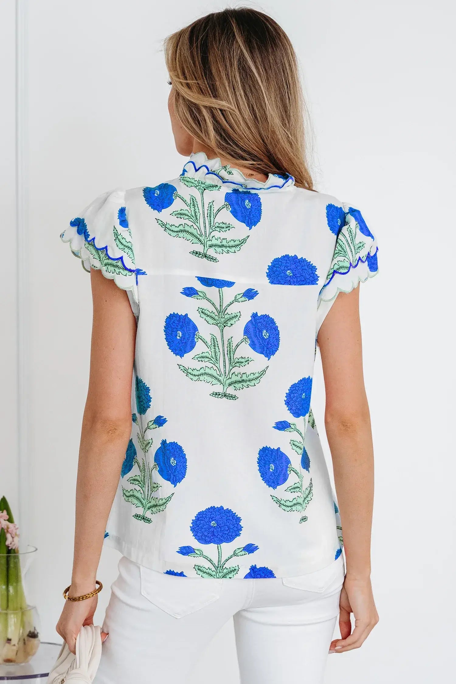 Blue Wild Flower Print Contrast Trim Scallop Detail Short Sleeve Blouse - Sweet Fashion Wholesale