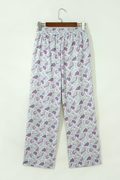 Green Camo Print Drawstring Waist Loose Fit Full Length Pants