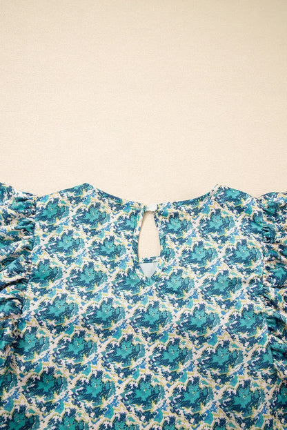 Green Abstract Print Shirred Cuff Puff Sleeve Blouse
