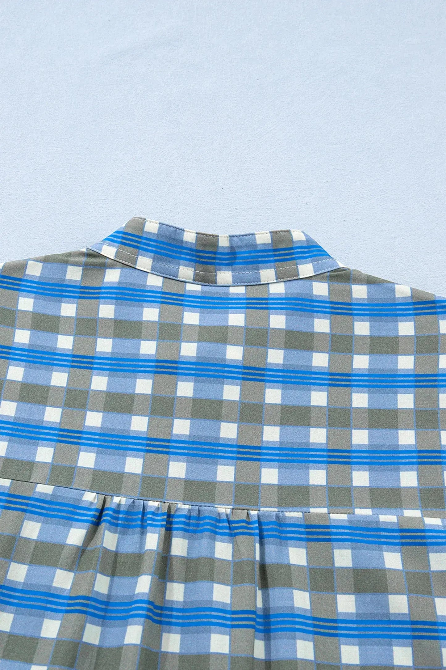 Sky Blue Plaid Long Sleeve Frilled Detail Half Button Blouse - Sweet Fashion Wholesale