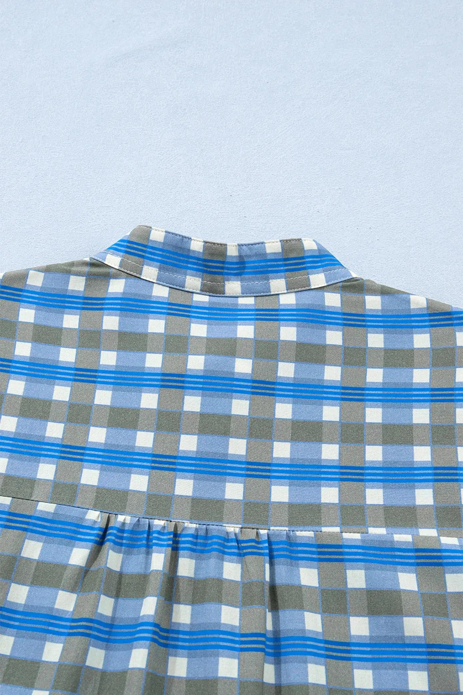 Sky Blue Plaid Long Sleeve Frilled Detail Half Button Blouse - Sweet Fashion Wholesale