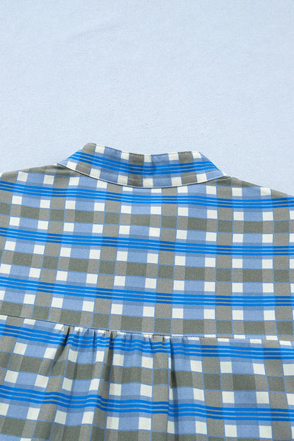 Sky Blue Plaid Long Sleeve Frilled Detail Half Button Blouse - Sweet Fashion Wholesale