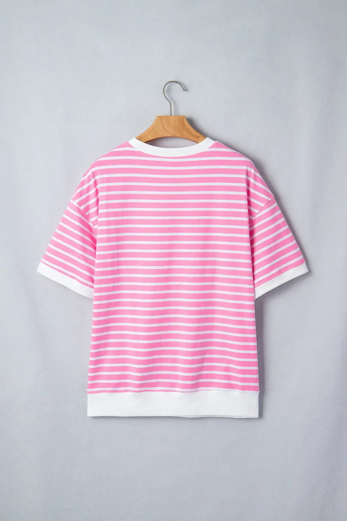 Pink Stripe Round Neck Drop Shoulder Short Sleeve Loose Top - Sweet Fashion Wholesale