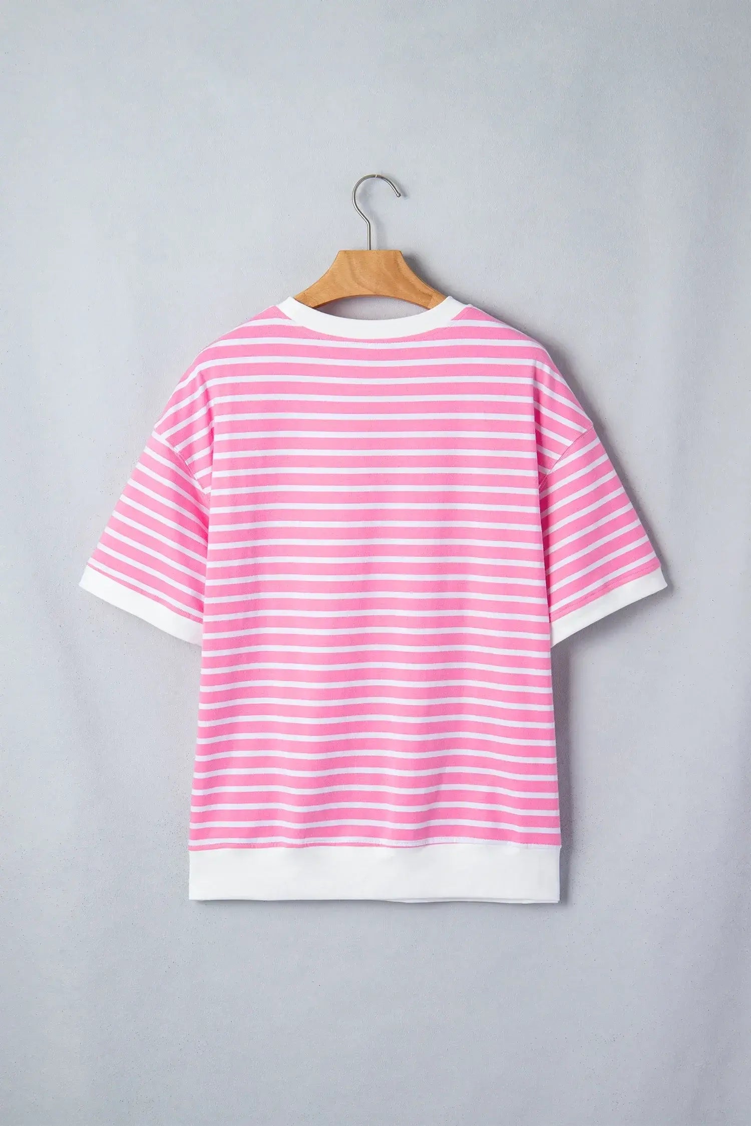 Pink Stripe Round Neck Drop Shoulder Short Sleeve Loose Top - Sweet Fashion Wholesale
