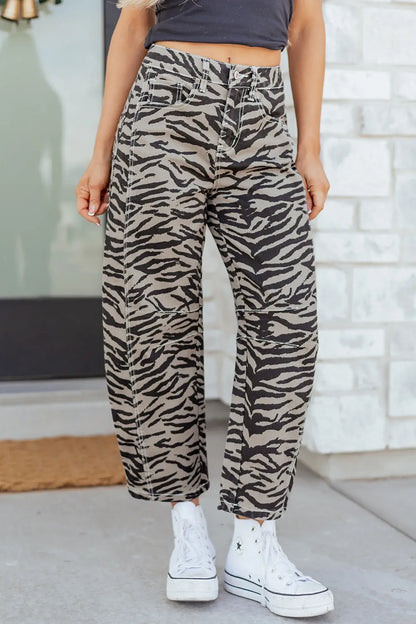 Gray Zebra Stripe Printed Wide Leg Barrel Jeans - Sweet Fashion Wholesale