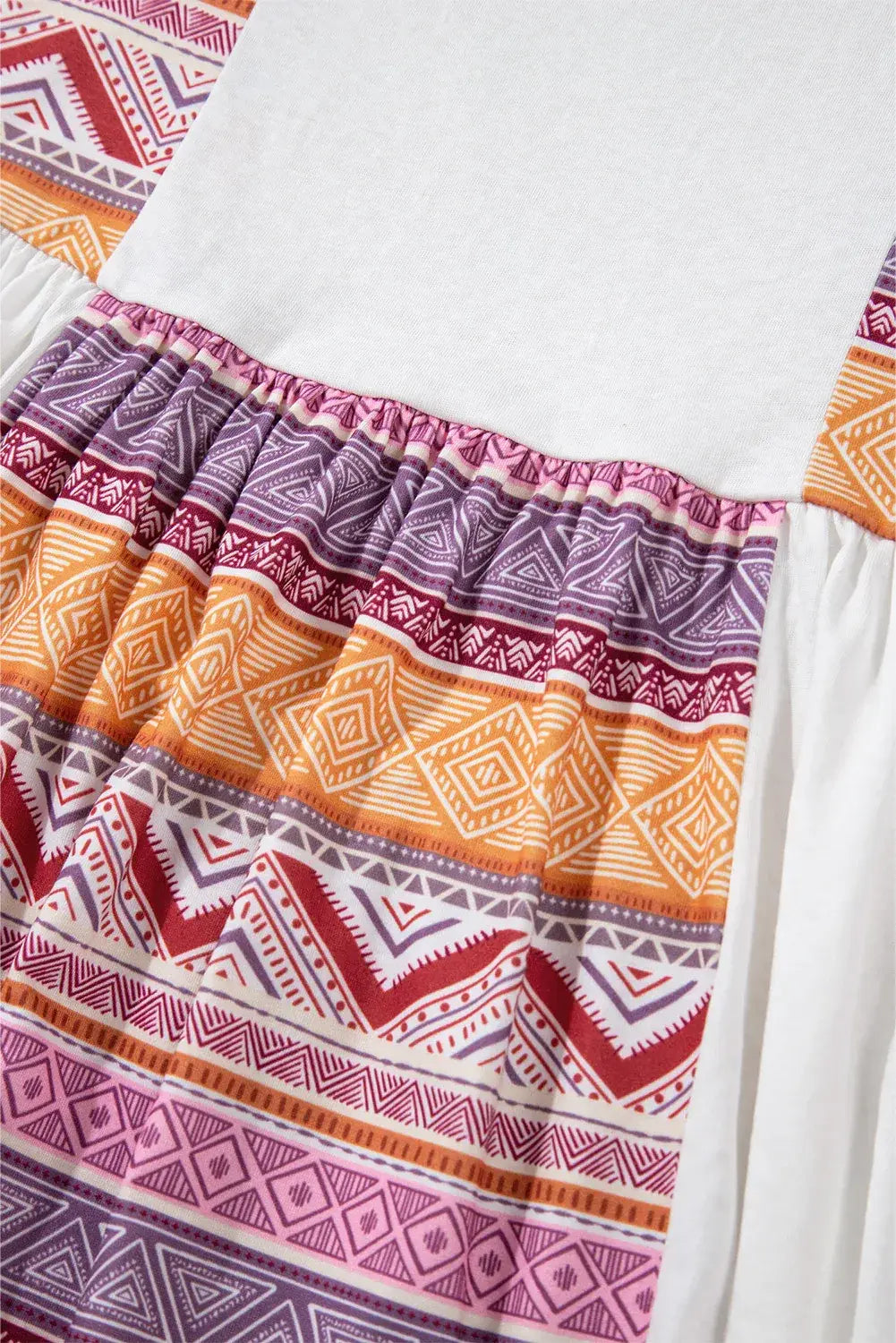 White Western Aztec Print Patchwork Ruffled Tunic Long Sleeve Babydoll Top