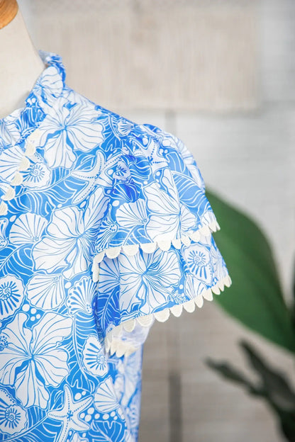 Sky Blue Oceanic Floral Print Scalloped Trim V Neck Short Sleeve Blouse - Sweet Fashion Wholesale
