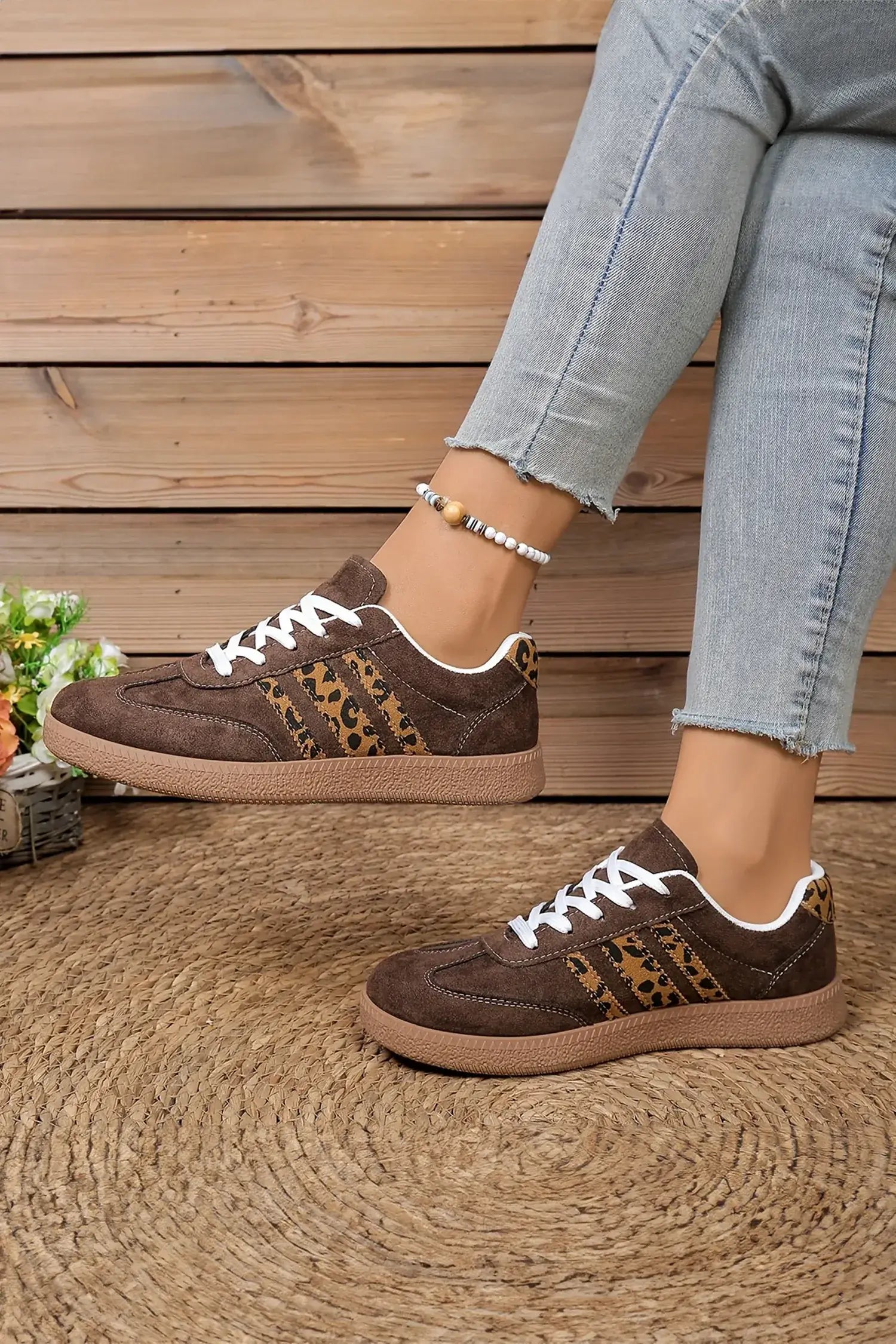 Coffee Contrast Lace-up Leopard Patchwork Detail Faux Suede Shoes - Sweet Fashion Wholesale