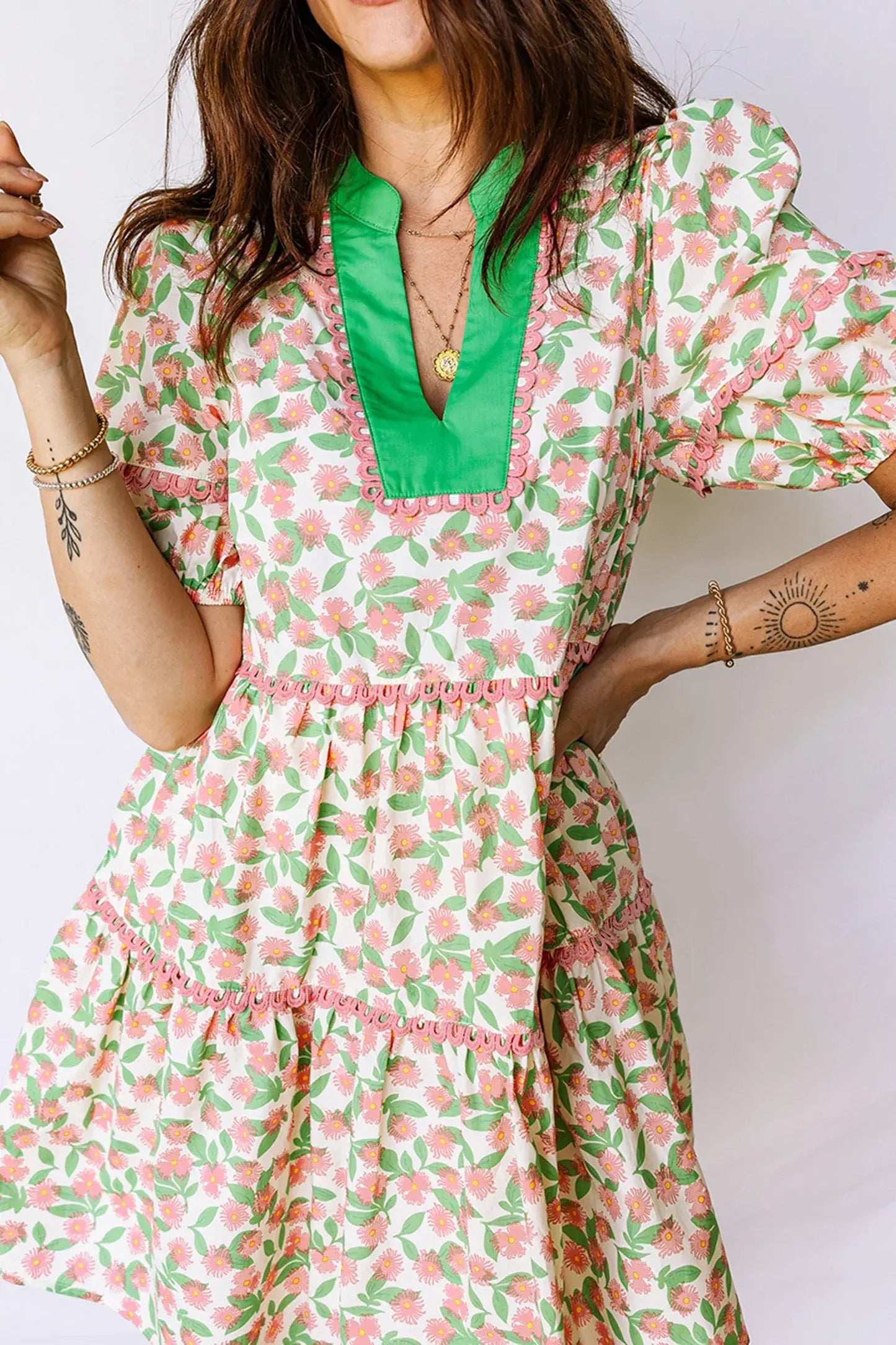 Green Contrast Neckline Ricrac Trim Floral Short Puff Sleeve Dress - Sweet Fashion Wholesale