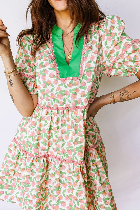 Green Contrast Neckline Ricrac Trim Floral Short Puff Sleeve Dress - Sweet Fashion Wholesale