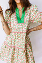Green Contrast Neckline Ricrac Trim Floral Short Puff Sleeve Dress - Sweet Fashion Wholesale
