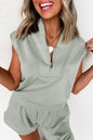 Oatmeal Quarter Zip Sleeveless Top Drawstring Shorts Casual 2pcs Outfit