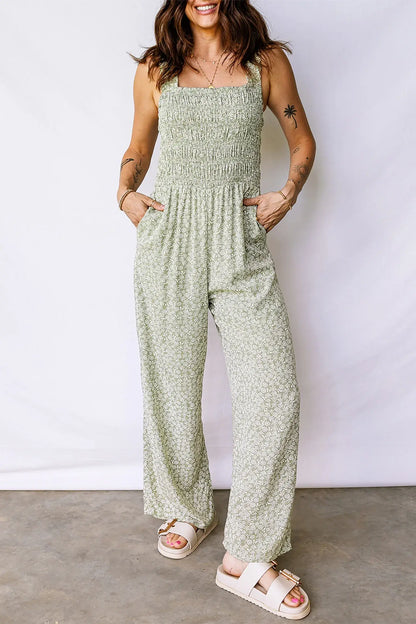 Green Smocked Bodice Square Neck Sleeveless Floral Jumpsuit - Sweet Fashion Wholesale