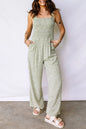 Green Smocked Bodice Square Neck Sleeveless Floral Jumpsuit - Sweet Fashion Wholesale