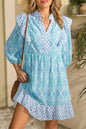 Sky Blue Boho Floral Geometric Patchwork Ruffle Detail Puff Sleeve Mini Dress - Sweet Fashion Wholesale