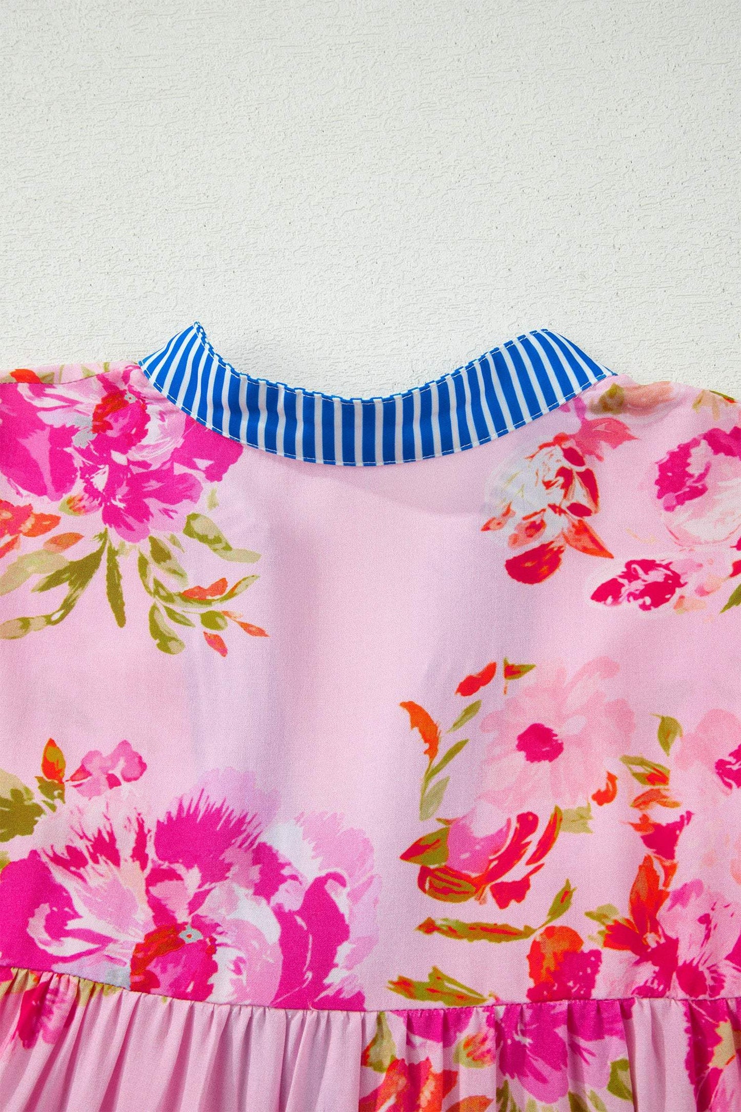 Multicolour Floral Half Sleeve Striped Trim V Neck Blouse