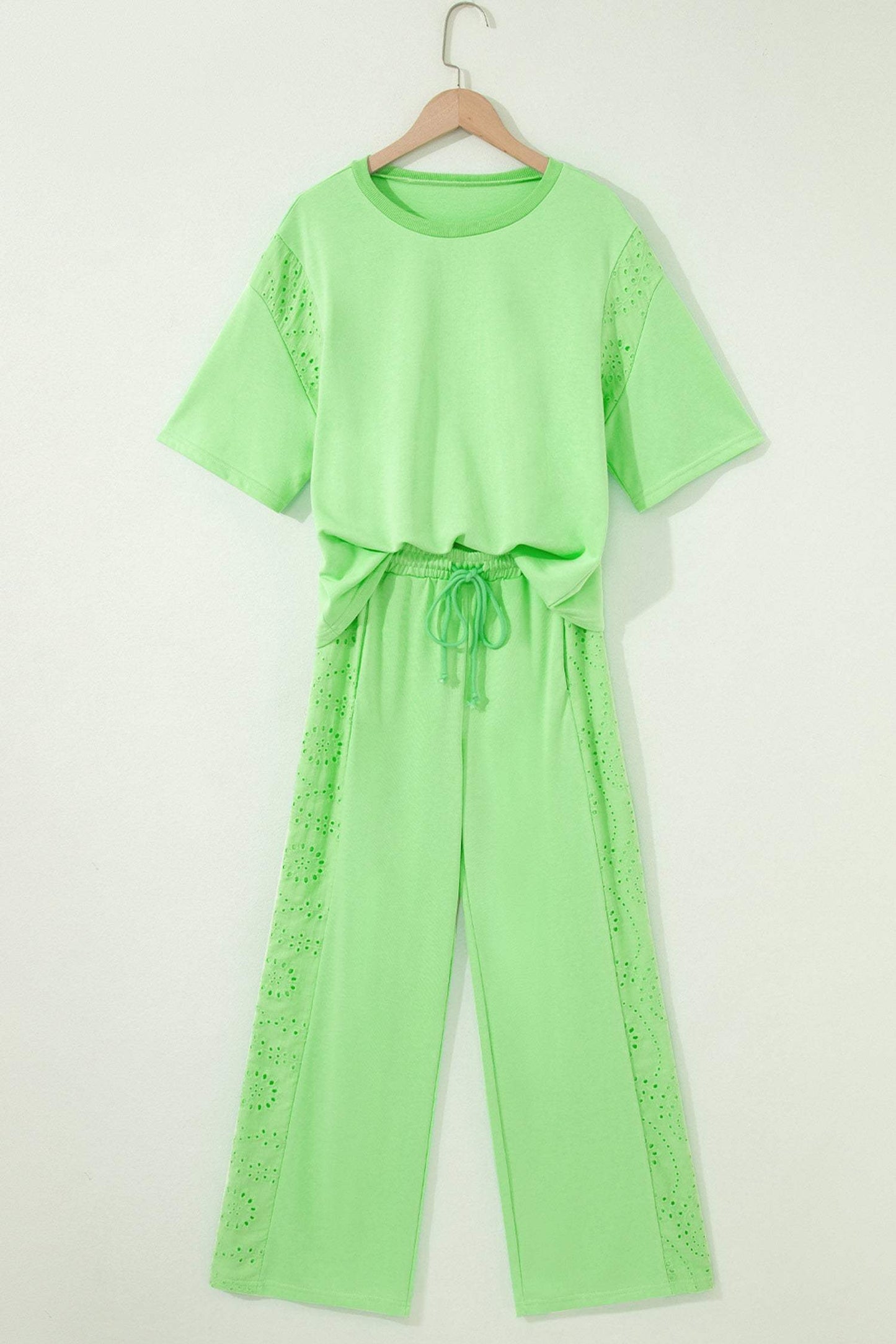Light Green Lace Patchwork Half Sleeve Top Elastic Waist Pants Two Piece Set
