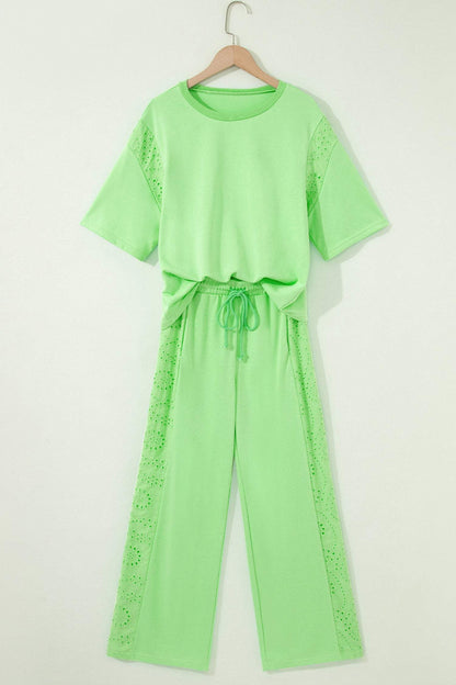 Light Green Lace Patchwork Half Sleeve Top Elastic Waist Pants Two Piece Set