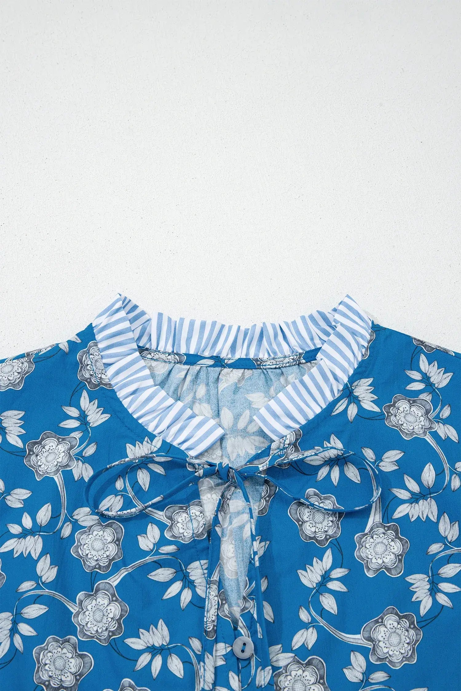 Blue Floral Print Button Tie Neck Striped Detail Short Sleeve Blouse - Sweet Fashion Wholesale