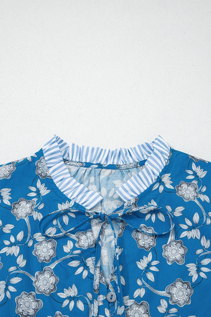 Blue Floral Print Button Tie Neck Striped Detail Short Sleeve Blouse - Sweet Fashion Wholesale